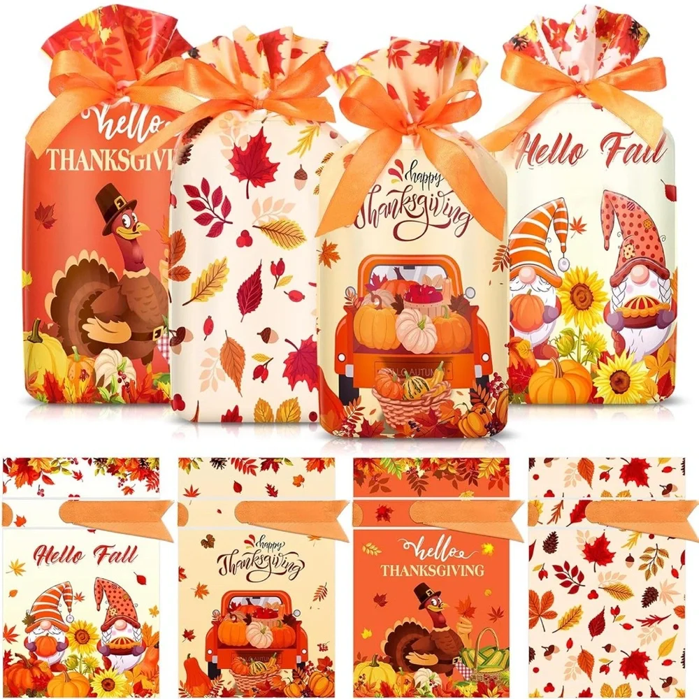 50 Thanksgiving and Fall Themed Gift Bags Plastic with Drawstring - Picture 4 of 5